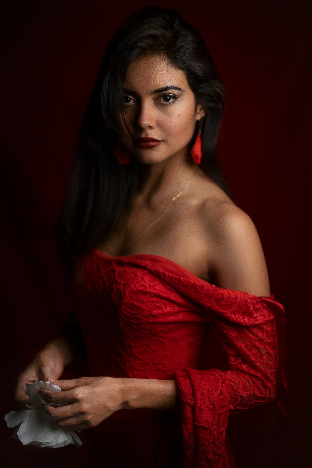 Portrait of a woman in a red lace dress against deep red